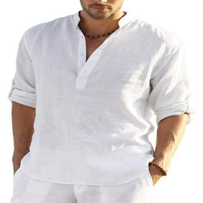 Cotton Linen Long Sleeve Shirt Loose Stand Collar