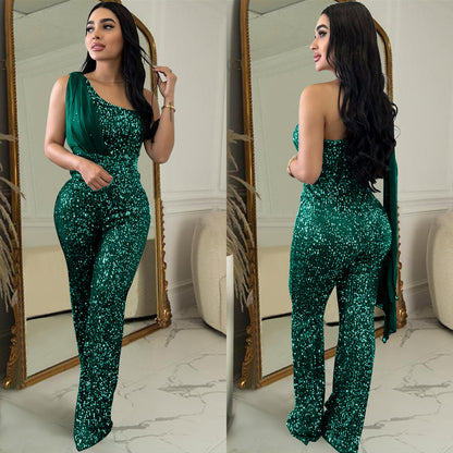 One-shoulder Sequined Trousers Jumpsuit