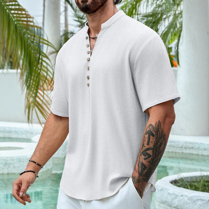 Deep V-neck Multi-button Cotton And Linen T-Shirt