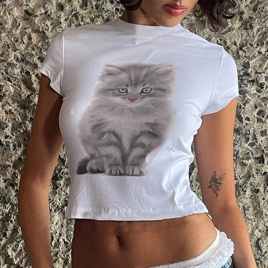 Fashion Round Neck Letter Cat Short T-shirt