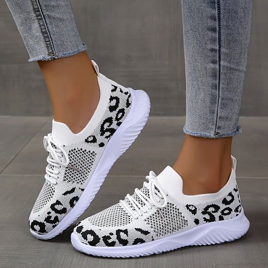 Nice White Shoes Women Leopard Print Lace-up Sneakers Sports