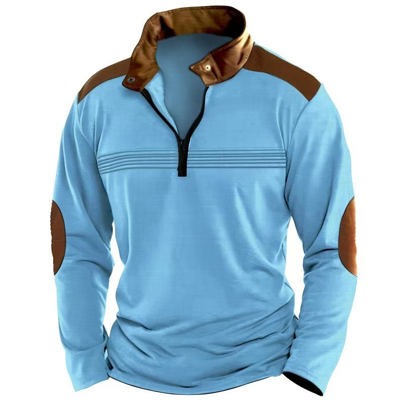 Elegant Men's Stitching Polo Shirt Long-sleeve Zipper