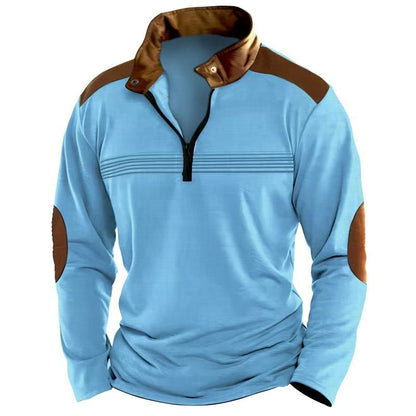 Elegant Men's Stitching Polo Shirt Long-sleeve Zipper