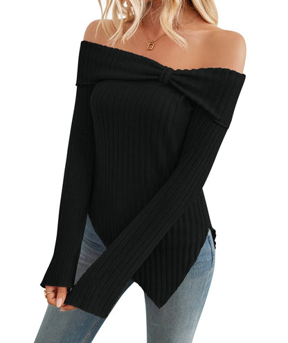 Women's Trendy Knit Ribbed Tops Bow Tie One Tops