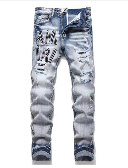 Men's Punk Retro Blue Ripped Slim Feet Jeans