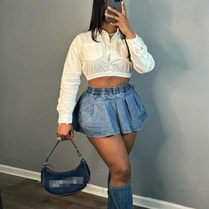 Ladie's High Waist Crimp Denim Skirt