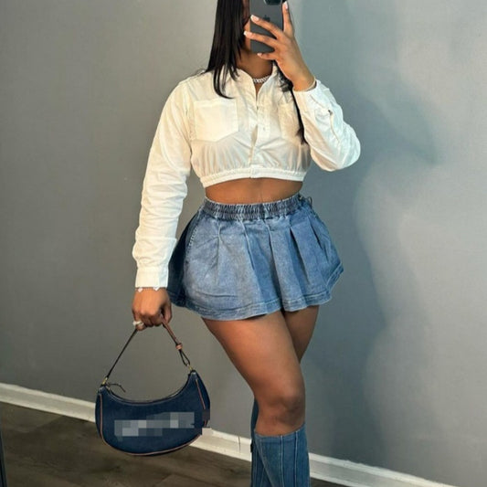 Ladie's High Waist Crimp Denim Skirt