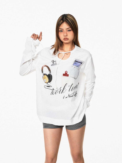 Lace Up V-neck Long-sleeved T-shirt
