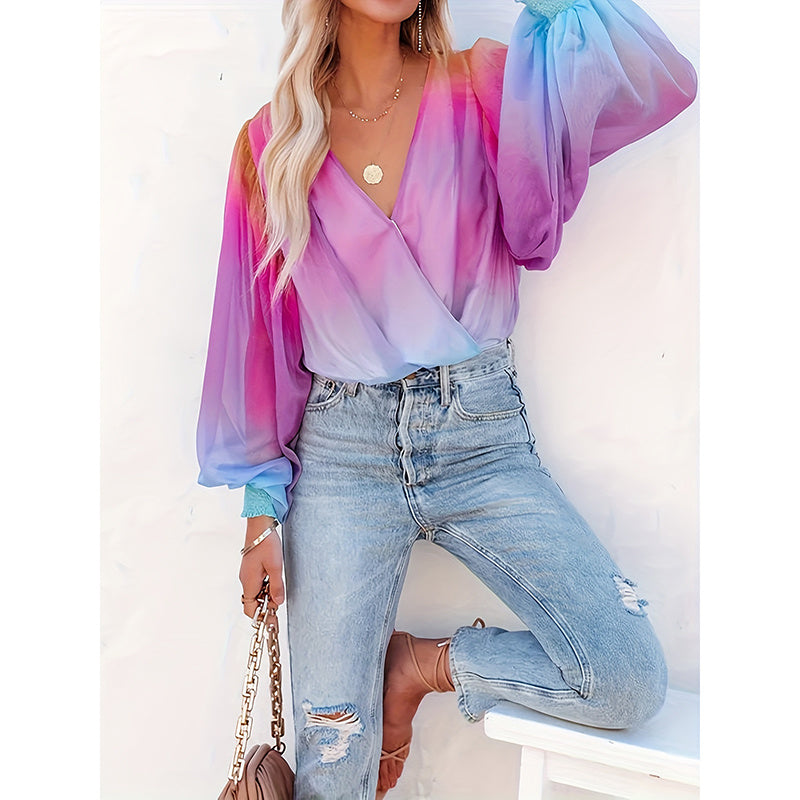 Womens V Neck Gradient Color Long Sleeve