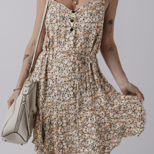 Khaki Boho Tie Waist Flared Sundress