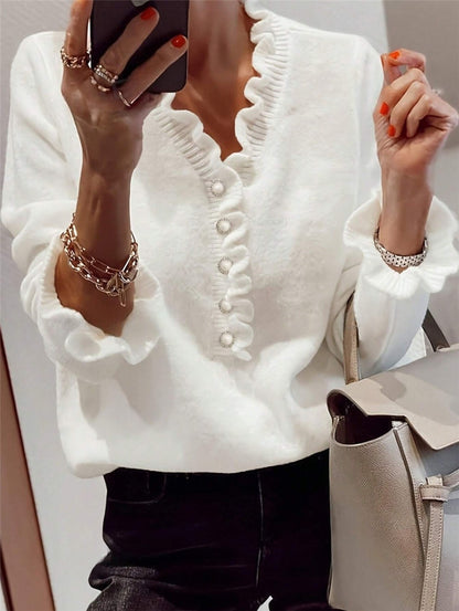 Winter V-neck Ruffled Knitted Sweater Long-sleeved Tops