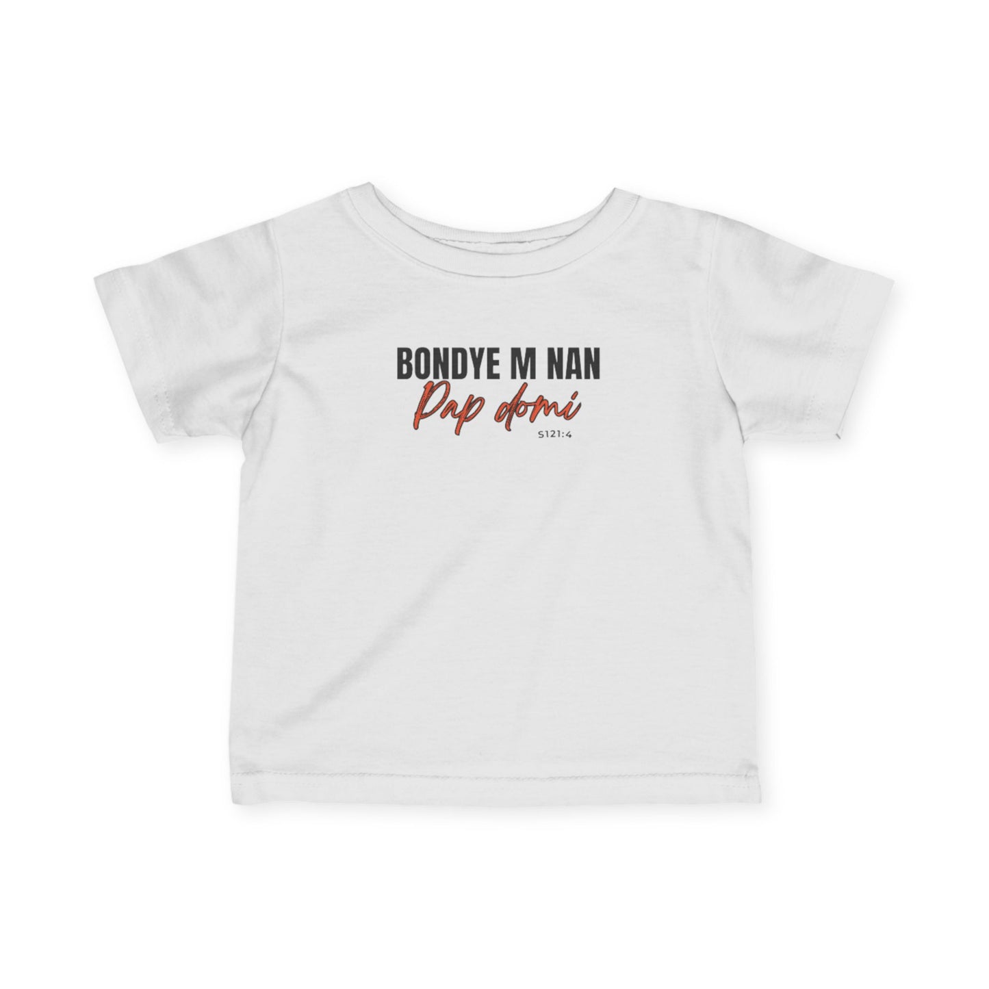 White t-shirt with black and red text on a white background