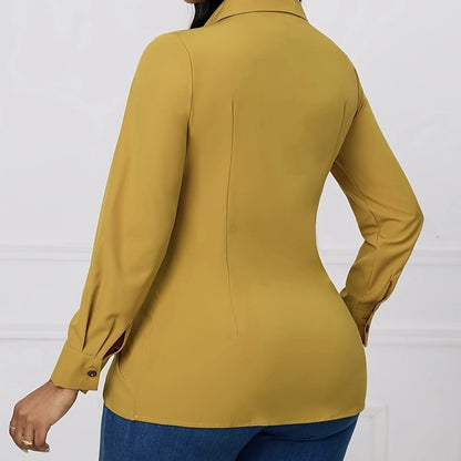 Women's Solid V-neck Knot Long Sleeved Shirt