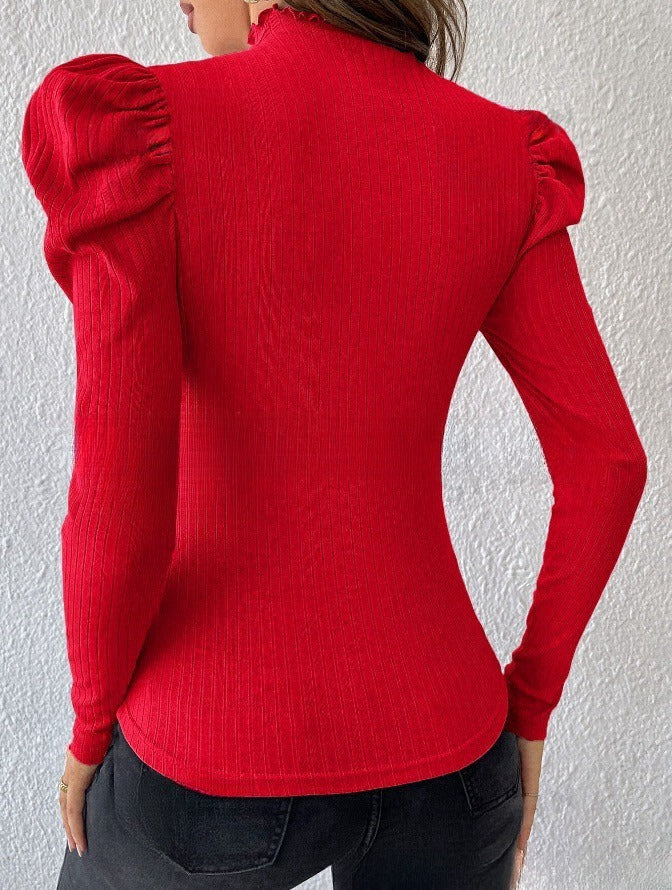 Bubble Sleeve Slim Buckle Ruffled Top