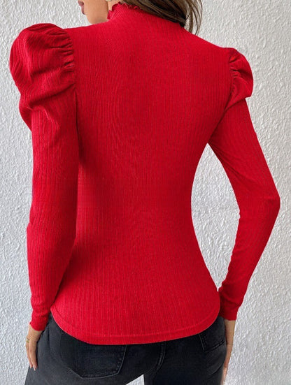Bubble Sleeve Slim Buckle Ruffled Top