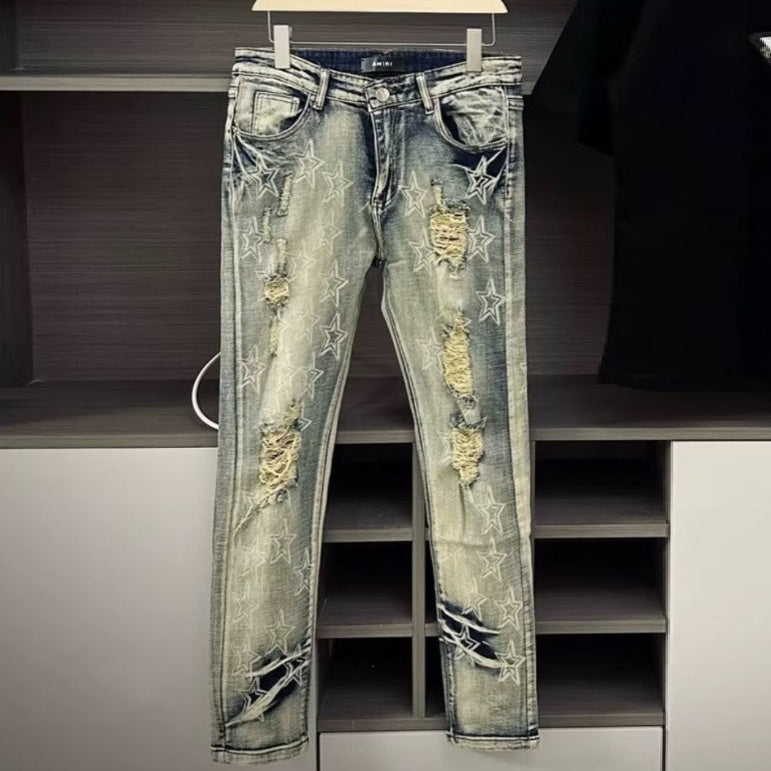 Men's Punk Retro Blue Ripped Slim Feet Jeans