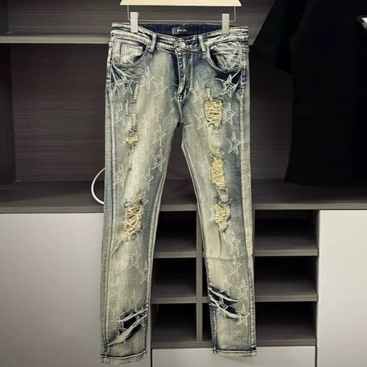 Men's Punk Retro Blue Ripped Slim Feet Jeans