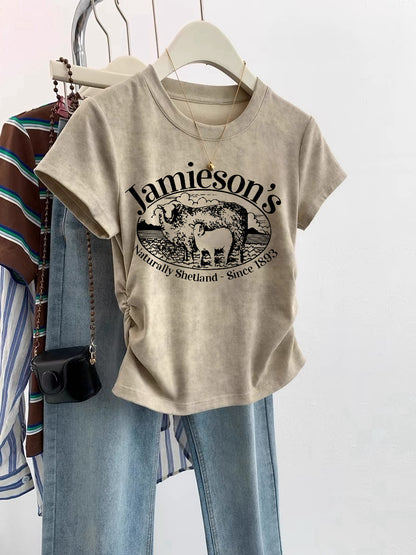 European Cargo Shoulder Tie-dyed Short-sleeved