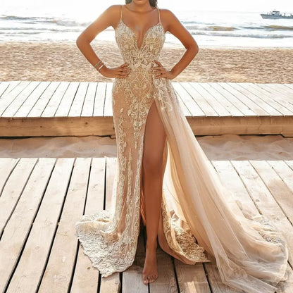 Sling Sleeveless Slit Lace Hollow Out Dress