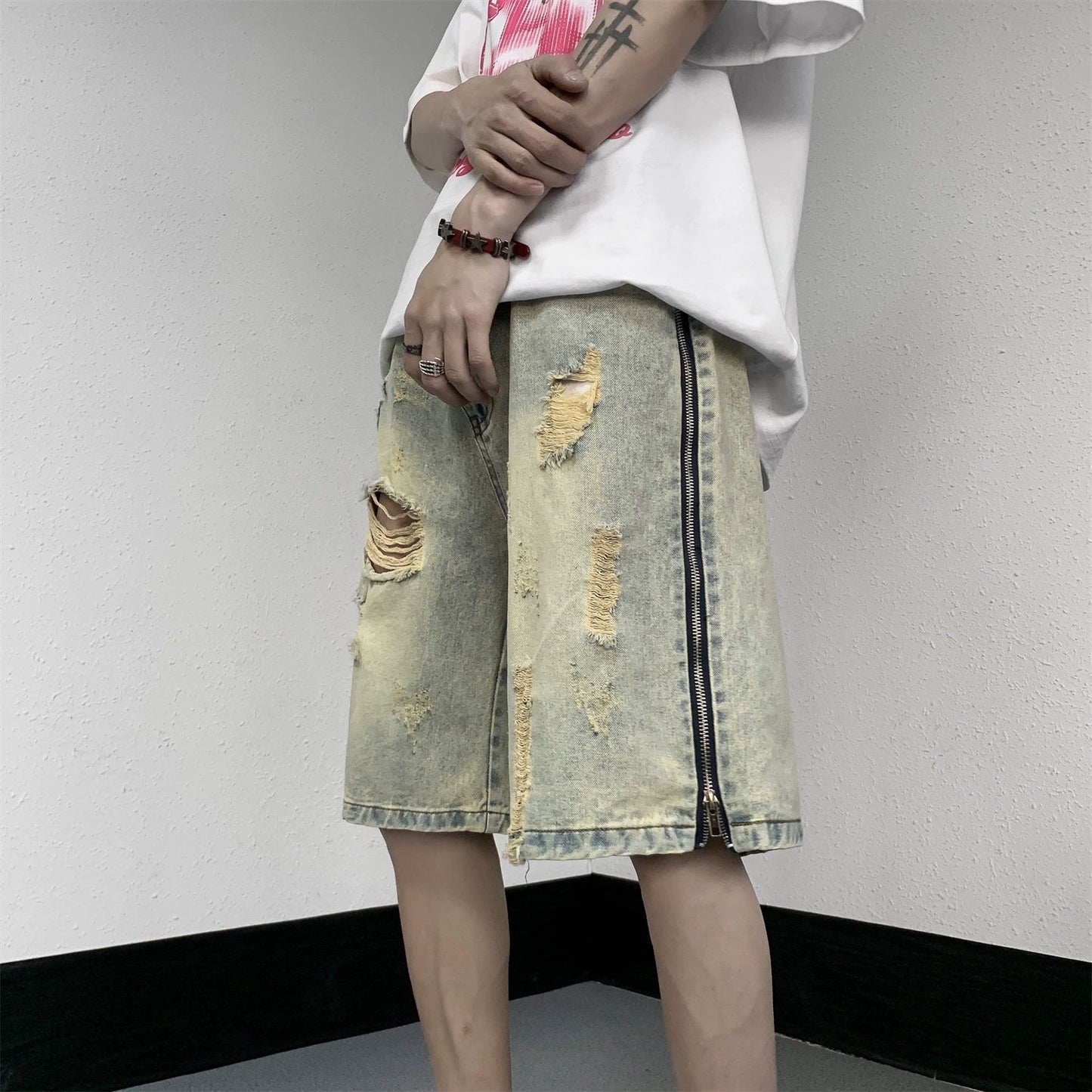 Men's Mud Ripped Denim Shorts Loose Jeans