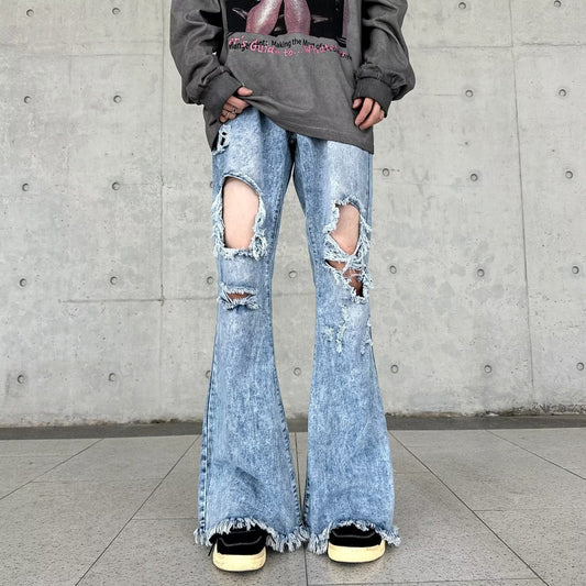 Men's Retro Make Old Ripped Slim-fit Blue Jeans