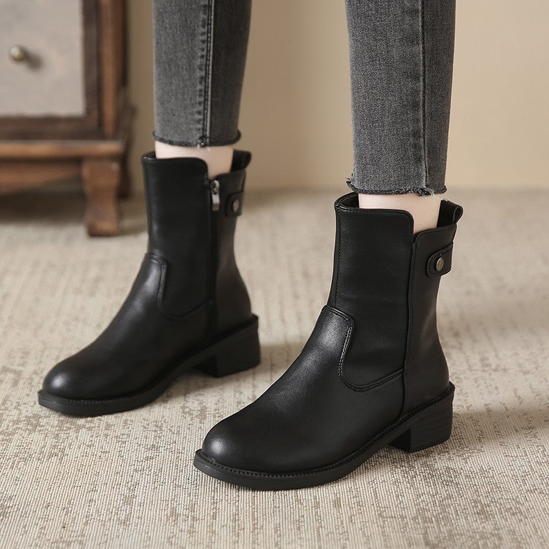 Ladie's Round Toe Boots Side Zip Short Boots