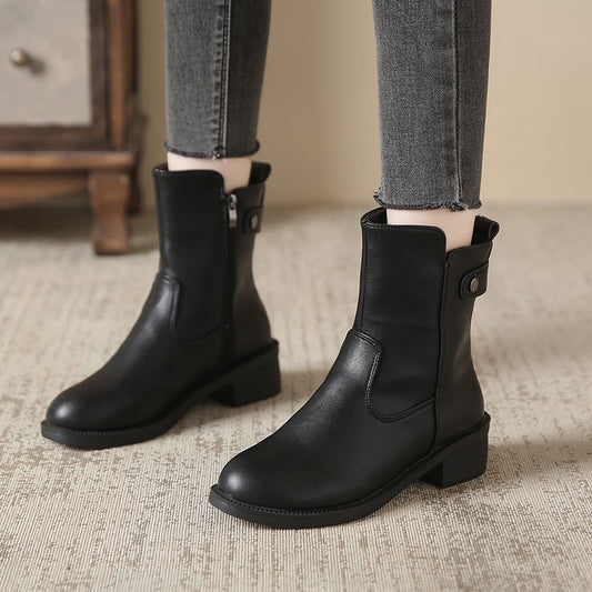 Ladie's Round Toe Boots Side Zip Short Boots