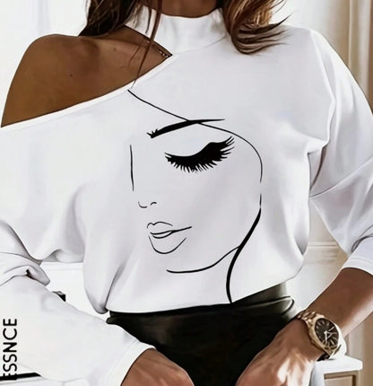 Women's White Long Sleeve Cartoon Tops