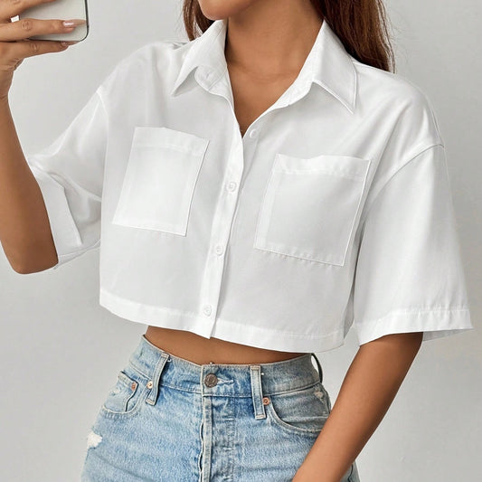 Shoulder Pocket Patched Crop Tops
