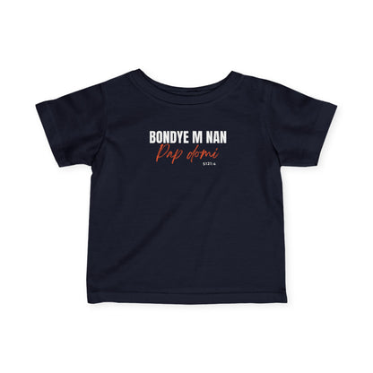 navy blue t-shirt with white and red text on a white background