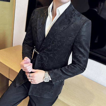 Men's Hook Placket Closure Collar Leather Texture Suit