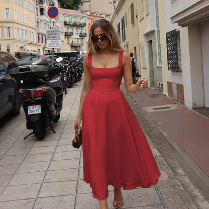 Square-neck Waist Trimming Sling Dress