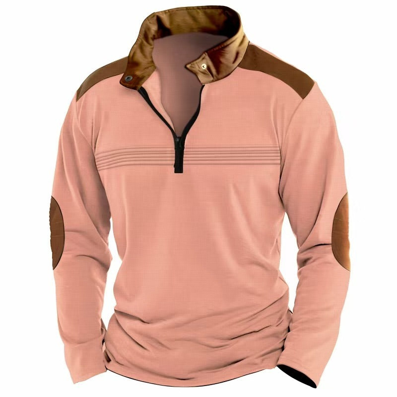 Elegant Men's Stitching Polo Shirt Long-sleeve Zipper