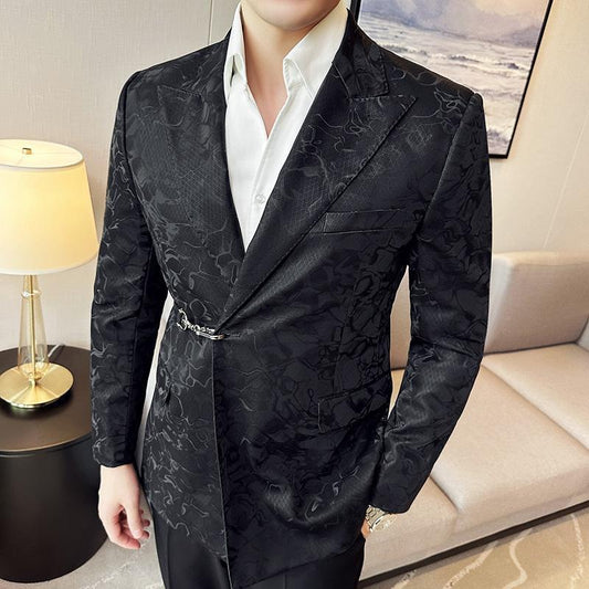 Men's Hook Placket Closure Collar Leather Texture Suit