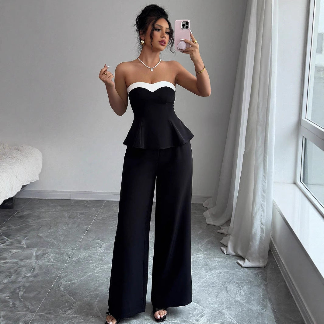 Women's Elegant Stitching Off-the-shoulder Vest Wide-leg Trousers