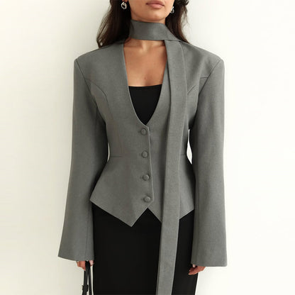 V-neck Scarf Decorate Long Sleeve Suit Coat