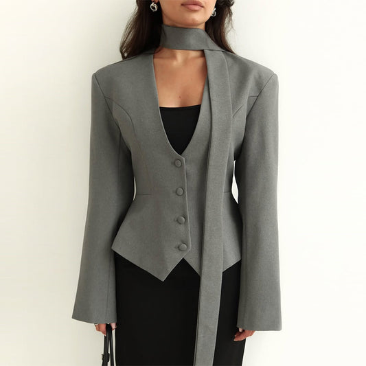V-neck Scarf Decorate Long Sleeve Suit Coat