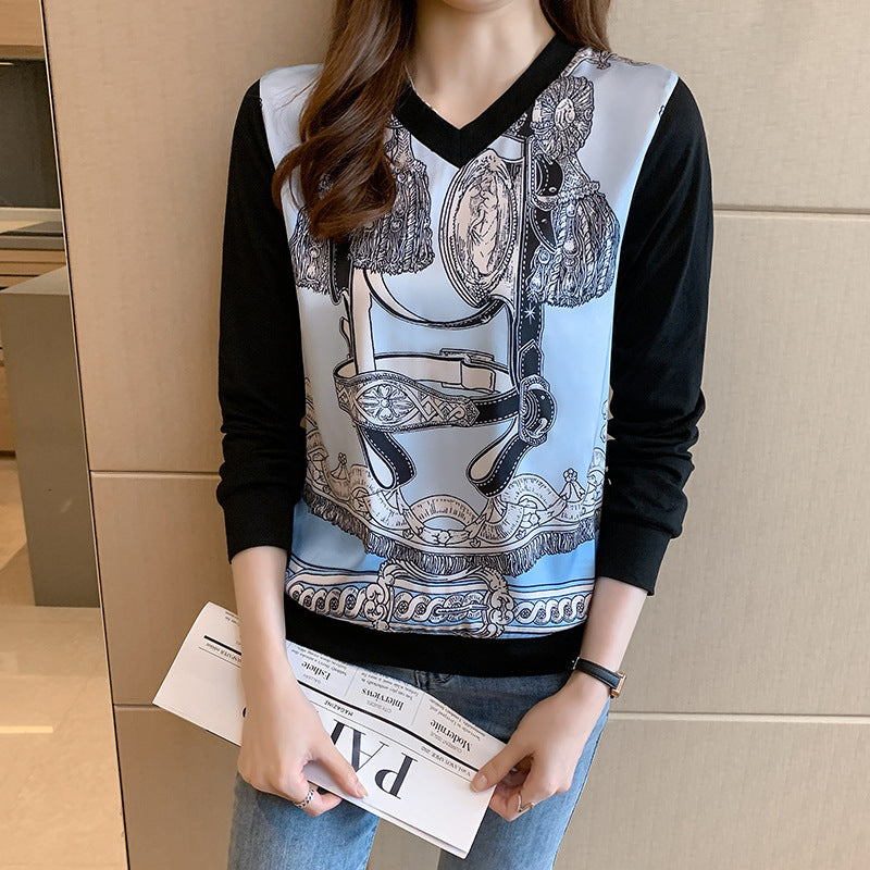 Elegant Patchwork T-shirt Long Sleeve Pullover