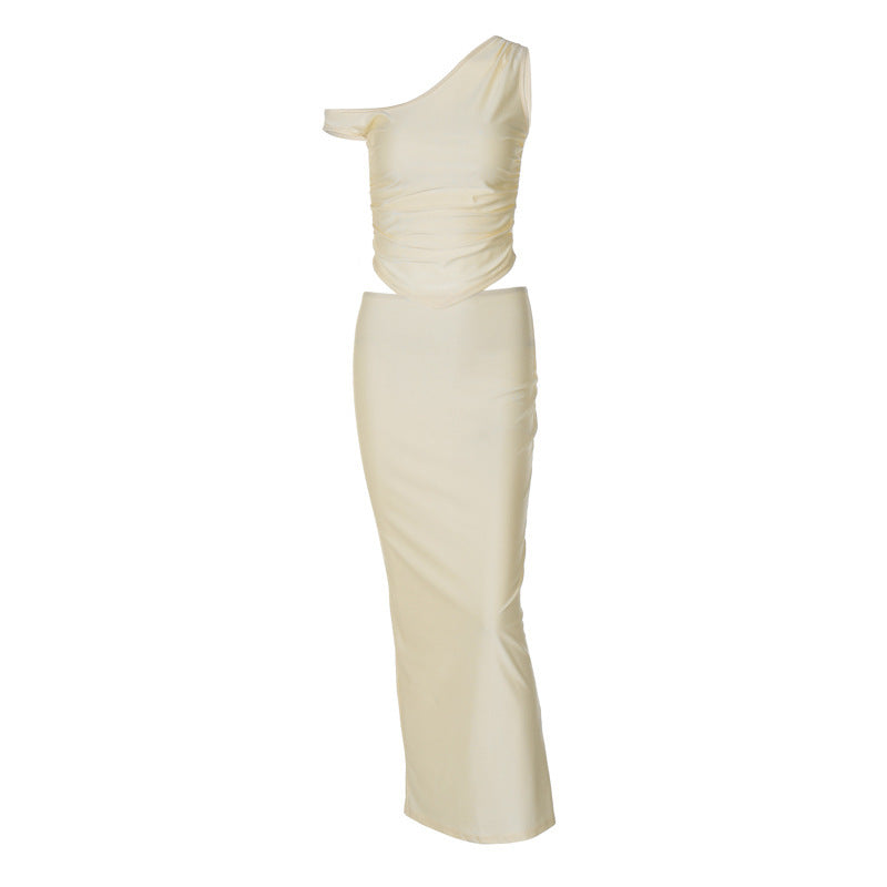 Oblique Shoulder Tops Long Skirt Set