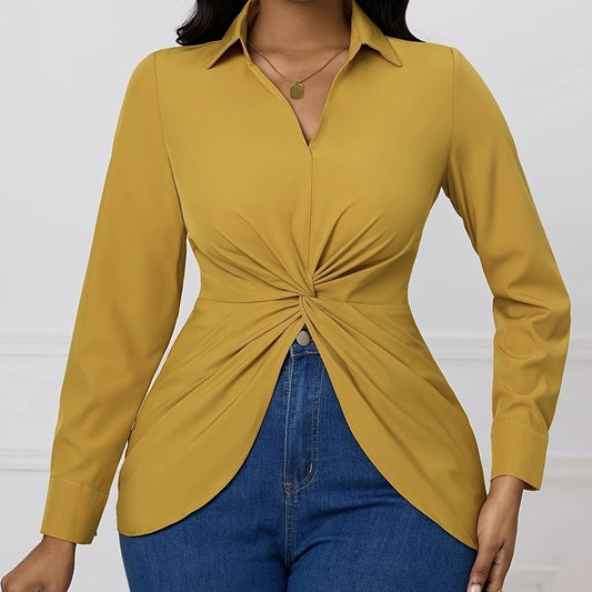 Women's Solid V-neck Knot Long Sleeved Shirt