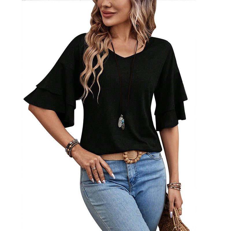 Loose V-neck Ruffle Sleeve Tops Women's Clothing