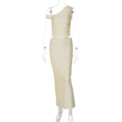 Oblique Shoulder Tops Long Skirt Set