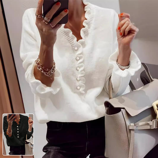 Winter V-neck Ruffled Knitted Sweater Long-sleeved Tops