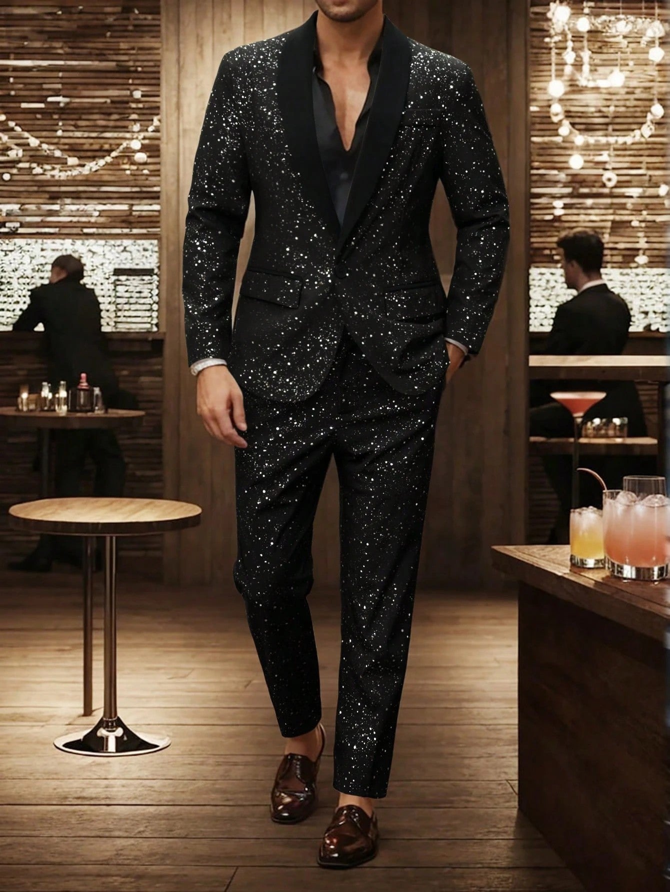 Black Suit Adorned With Glittering White Sequins