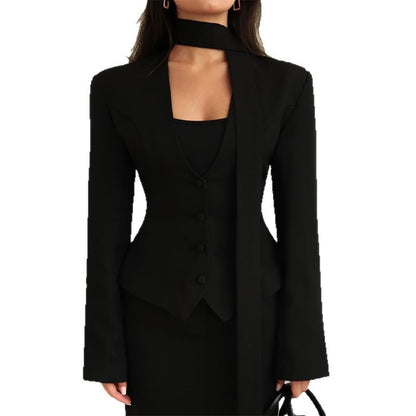 V-neck Scarf Decorate Long Sleeve Suit Coat