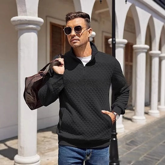 Men's Long Sleeve Knitted Zip Pullover Plaid Sweatshirt