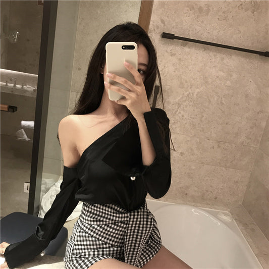 Long Sleeve Retro Irregular Slanted Shoulder Top