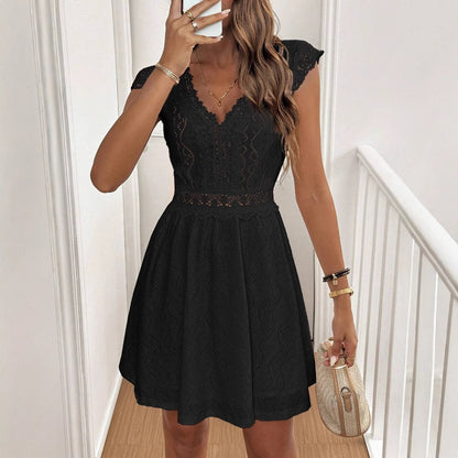 Knitted Hollow Out V-neck Stretch Lace Skirt Dress