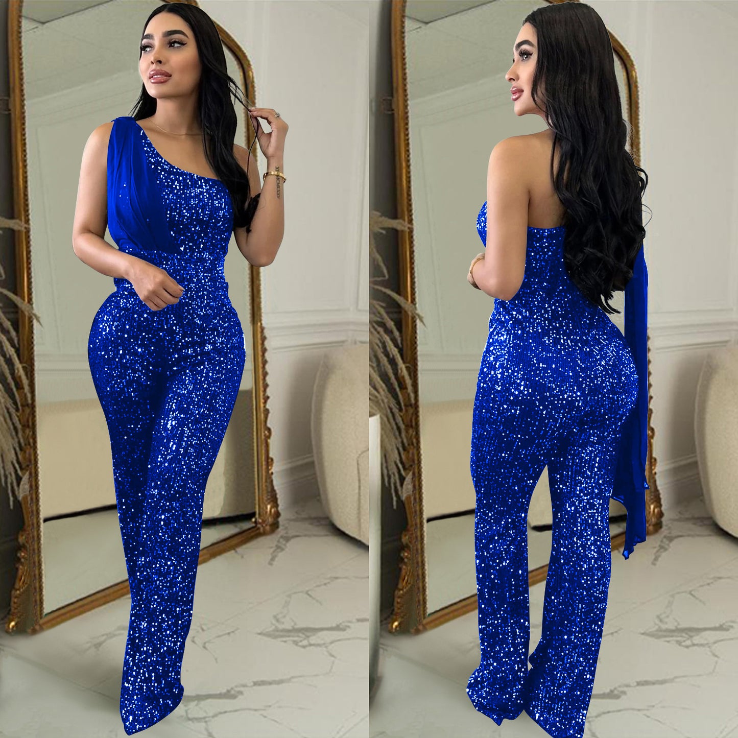 One-shoulder Sequined Trousers Jumpsuit