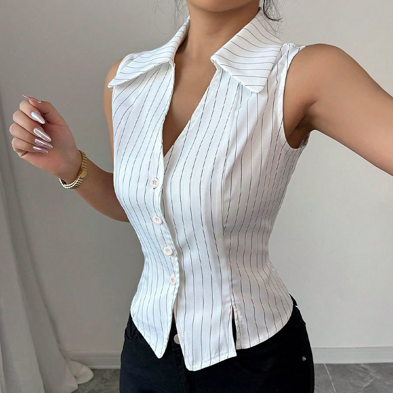 European and American Striped Sleeveless Shirt